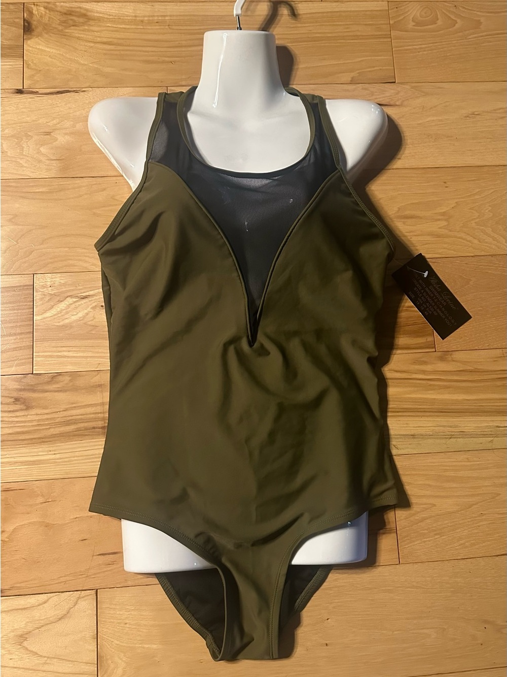 NWT Alisha LevineOlive Green Scoop Mesh One-Piece Swimsuit Size 14